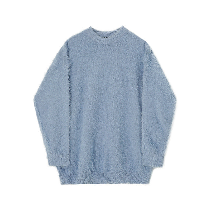 Mohair Solid Color Men's Sweater Winter Thick Round Neck