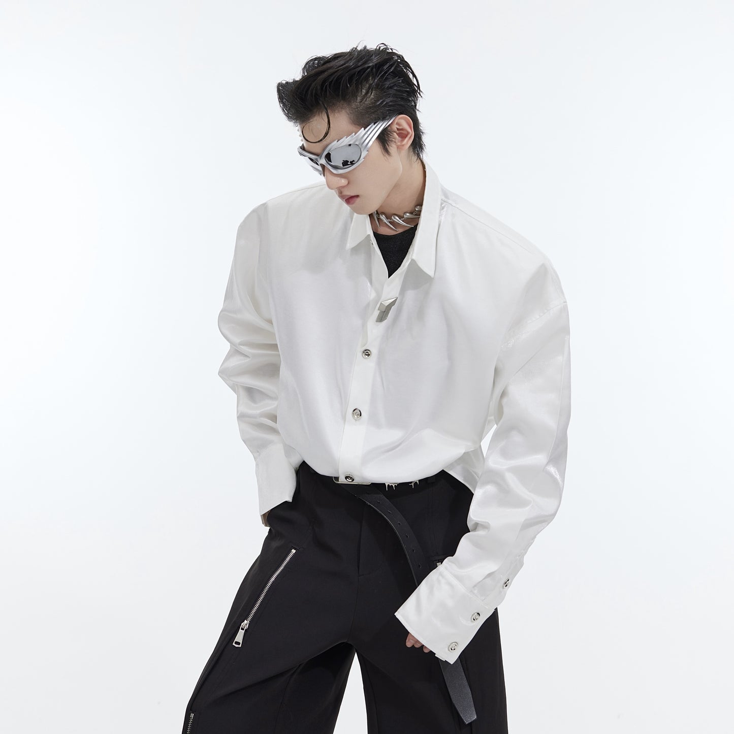 Padded Shoulder White Shirt Metal Embellished Loose High-grade Cardigan Jacket
