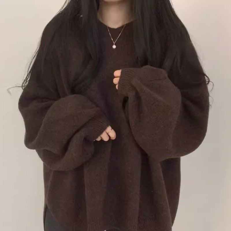 Round Neck Soft Glutinous Loose All-match Side Slit Thermal Sweater For Women