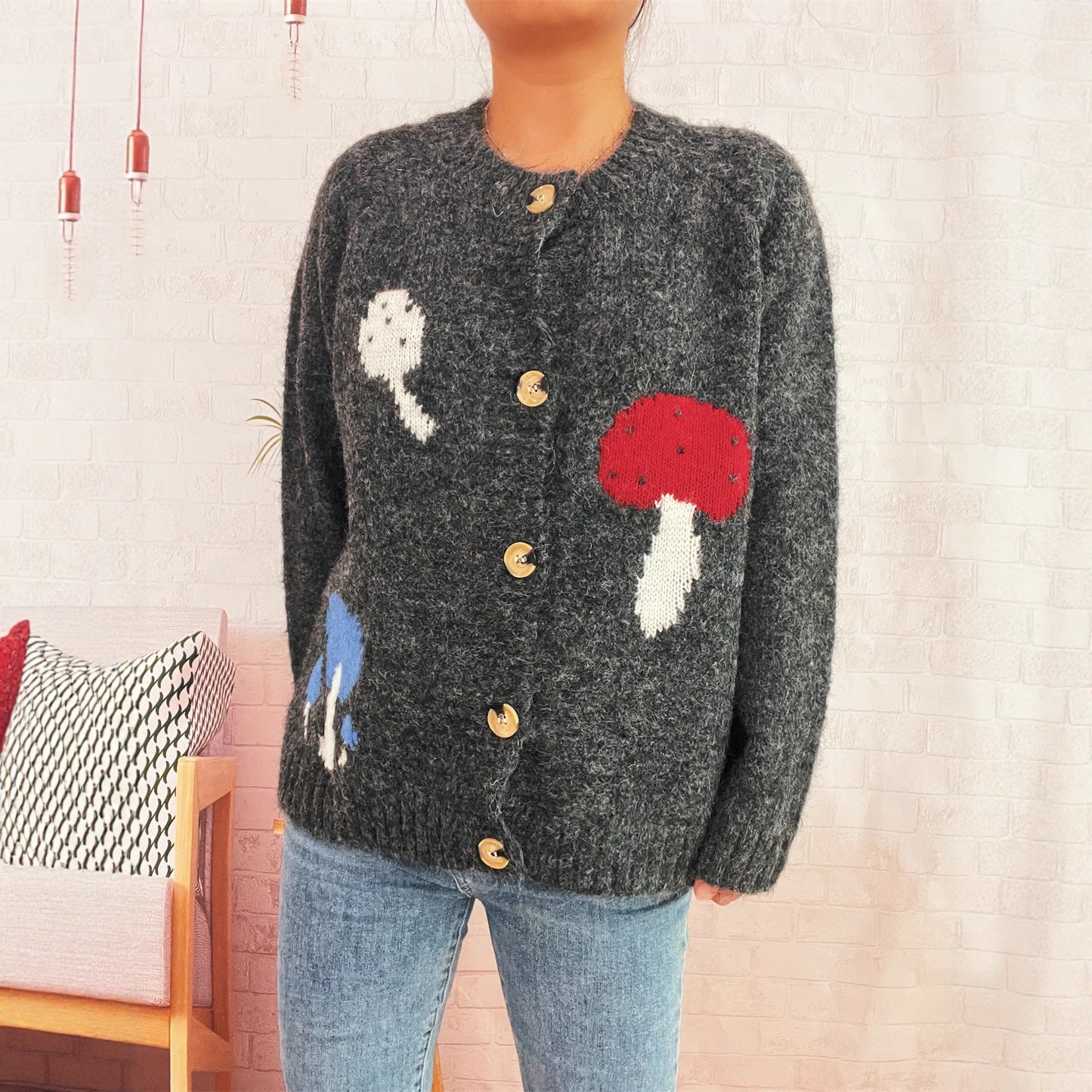 Mushroom Jacquard Contrast Color Knitted Coat Casual Loose Sweater