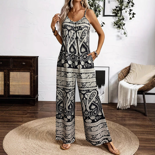 Paisley Pattern Women's Sling Jumpsuit Wide Leg Jumpsuit