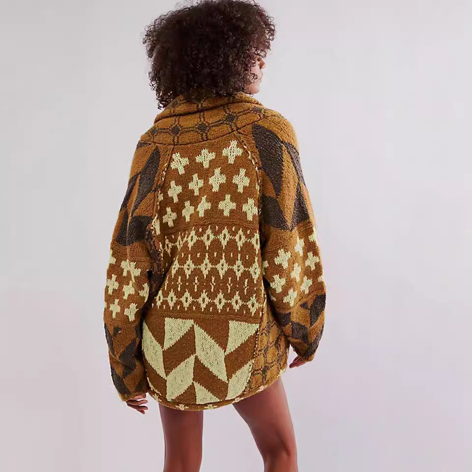 Abstract Print Turn-Neck Loose-Fit Long-Sleeve Knitted Sweater For Women