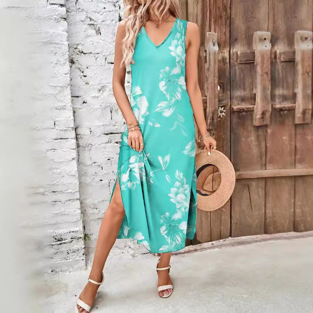 V-neck Slit Fashionable Slip Dress With A Printed Design