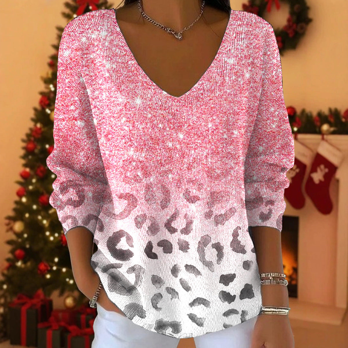 Womens 3D Digital-Print Drop-Shoulder V-Neck Long-Sleeve Pullover Top