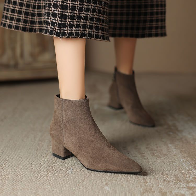Women's Matte Suede Chunky-Heel Ankle Boots With Pointed Toe And Side Zipper