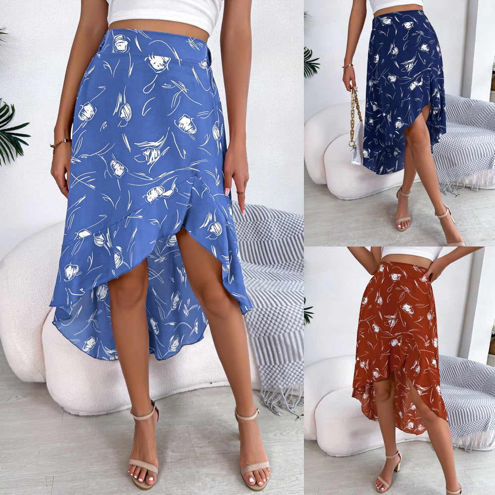 Womens Casual Mid-Length Skirt With Floral Print And Ruffled Hem