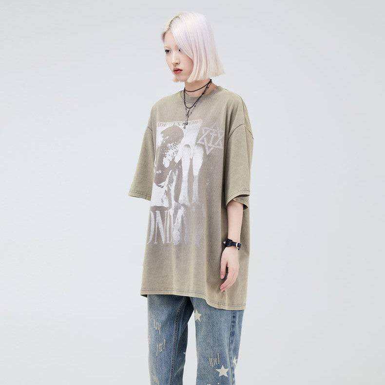 Printed Washed And Worn Loose Short Sleeve T-shirt