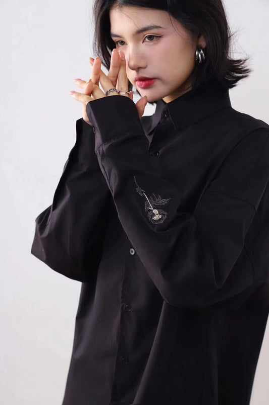 Vintage Rose Embroidered Shirt Coat Women's Casual Long-sleeved Top