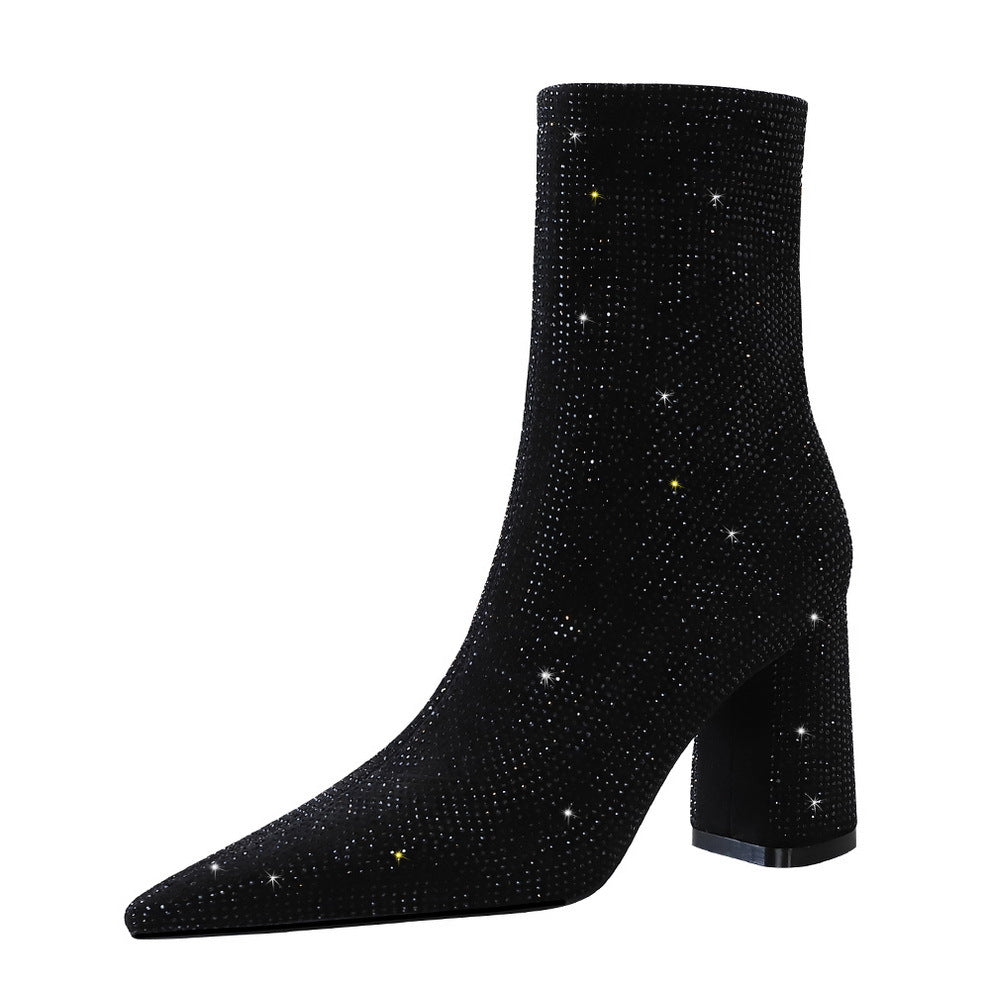 Rhinestone High Heels Women's Thick Heel Boots With Pointed Toe