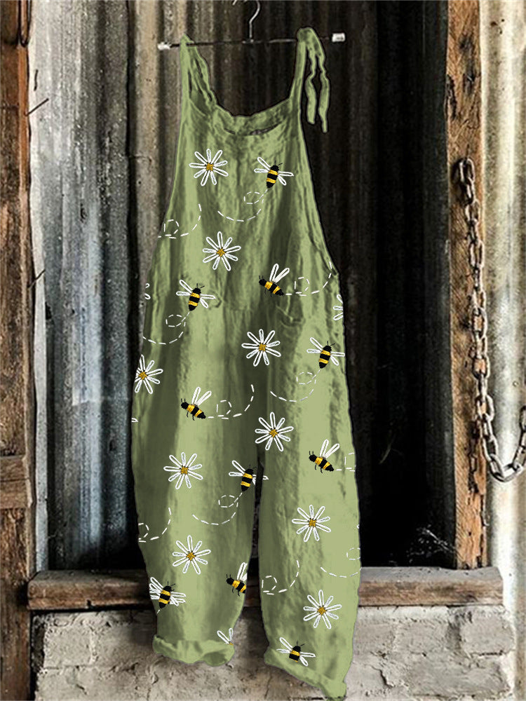 Women's Suspended Pants Sweet Printed Vintage Suspender Pants
