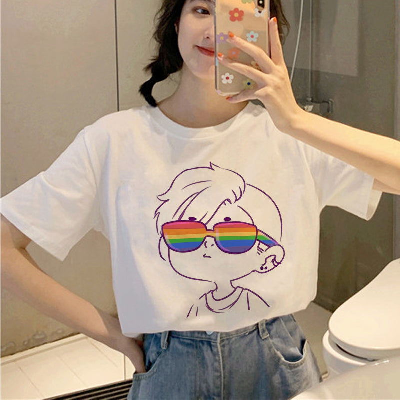 Personality Couple Wear Rainbow Letter Print Casual Short Sleeve T-Shirt