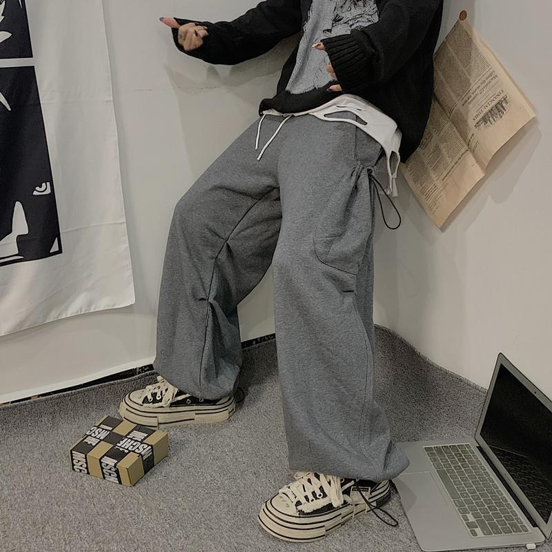 Retro Solid Color Overalls Large Loose Pockets Ankle-tied Sweatpants