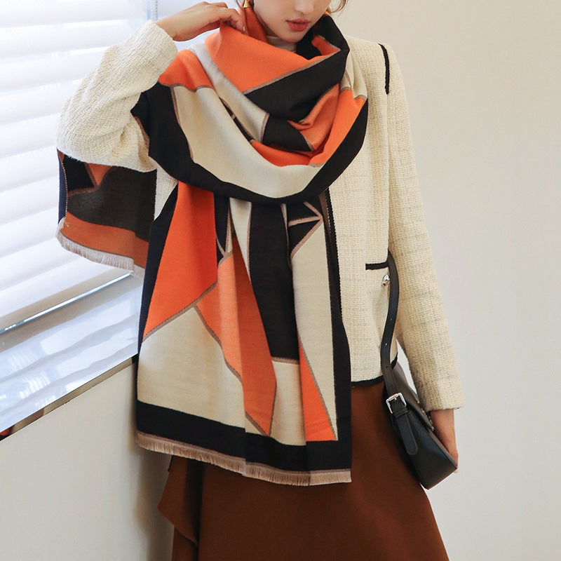 Color Block Warm Scarf Shawl Double-sided Imitation Cashmere
