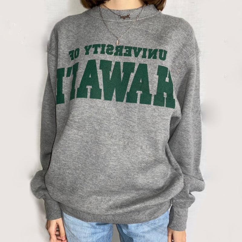 Autumn New American Retro Grey Letter Print Small Round Neck Sweater