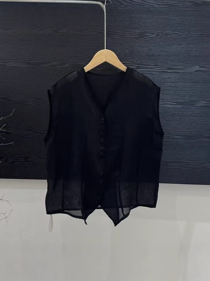 V-neck Sleeveless Solid Color Loose Cardigan Simple Single-breasted Top
