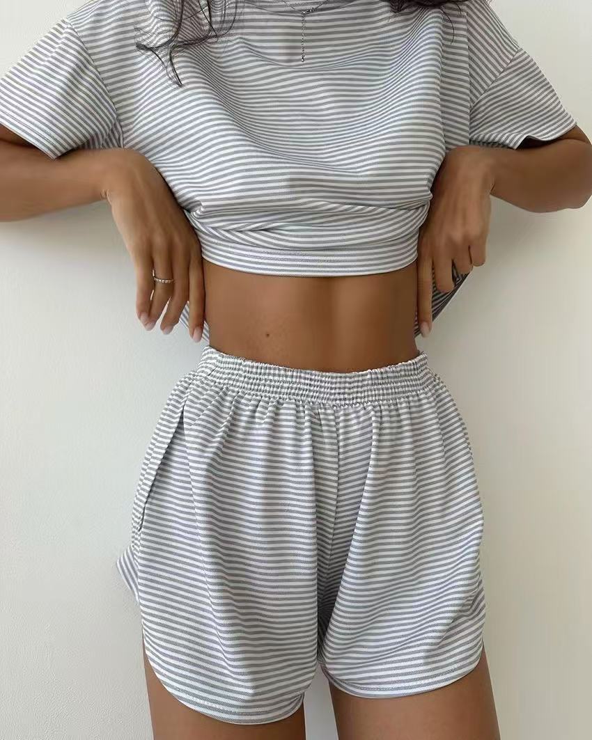 Women's Casual Crew-Neck Short-Sleeve Top And Shorts Set