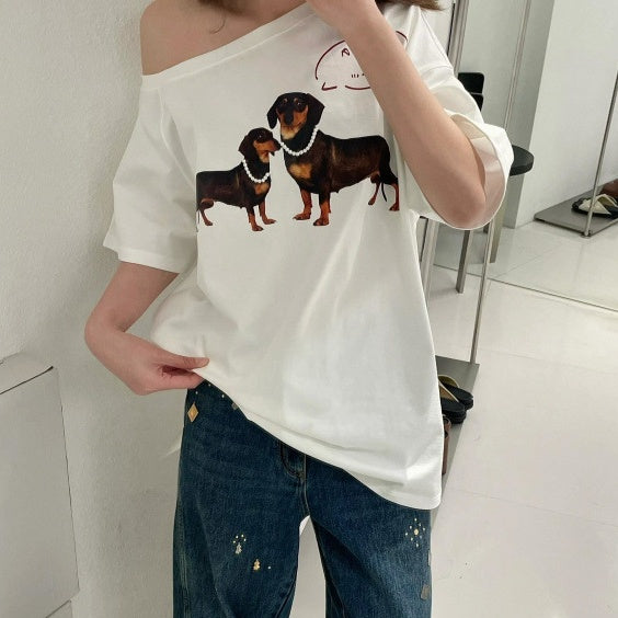 Women's Short-sleeved T-shirt With Oblique Shoulder Printed Loose Sweet And Spicy Off-shoulder