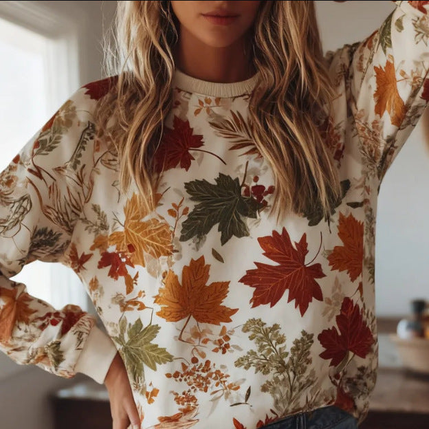 Åndbar Langærmet Crewneck Sweatshirt til Kvinder med Ahornbladsprint