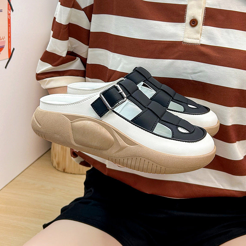 Thick-soled Closed-toe Slippers Summer Outdoor Garden Hollow Buckle Slide Sandals Casual Beach Shoes