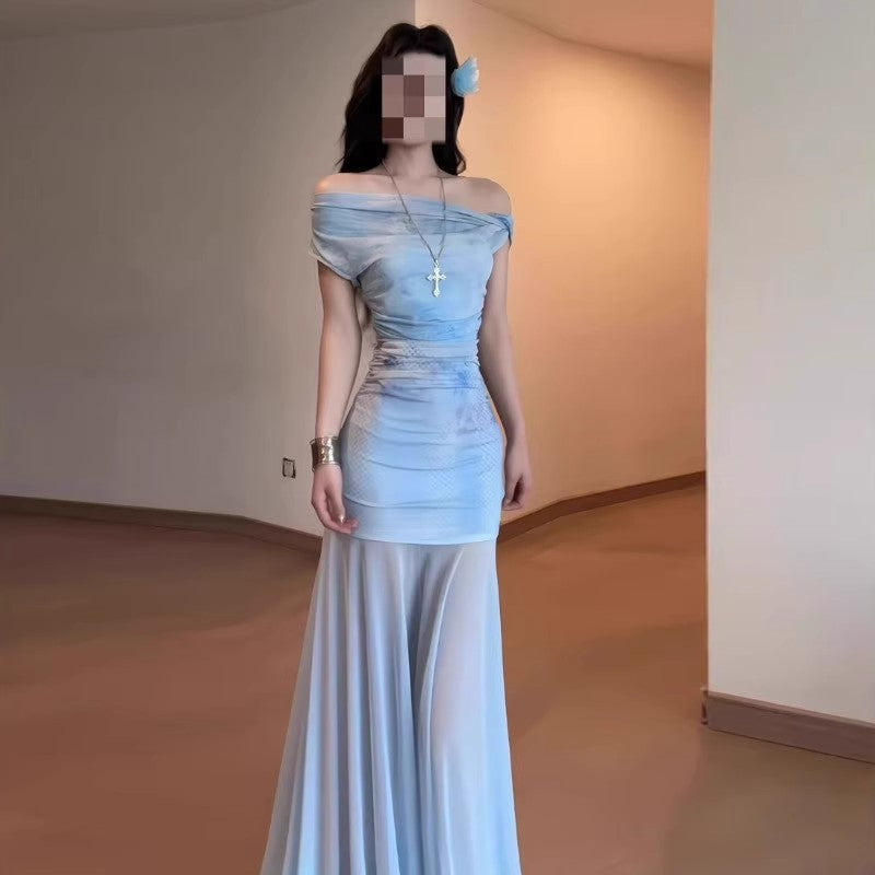 Women's Blue Mesh Off-shoulder Dress