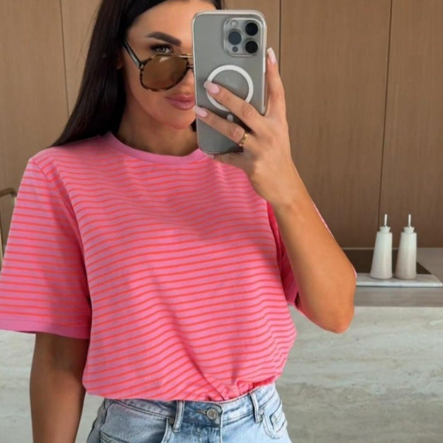Summer Casual Striped Round Neck Loose Color Matching Short Sleeve