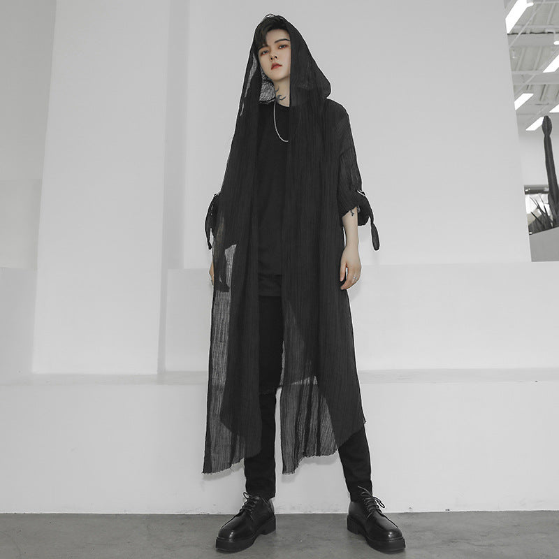 Long Hooded Crumpled Linen Shirt For Men And Women