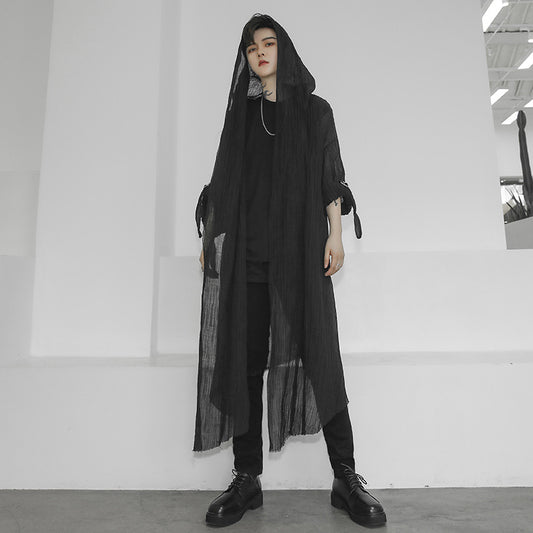 Long Hooded Crumpled Linen Shirt For Men And Women