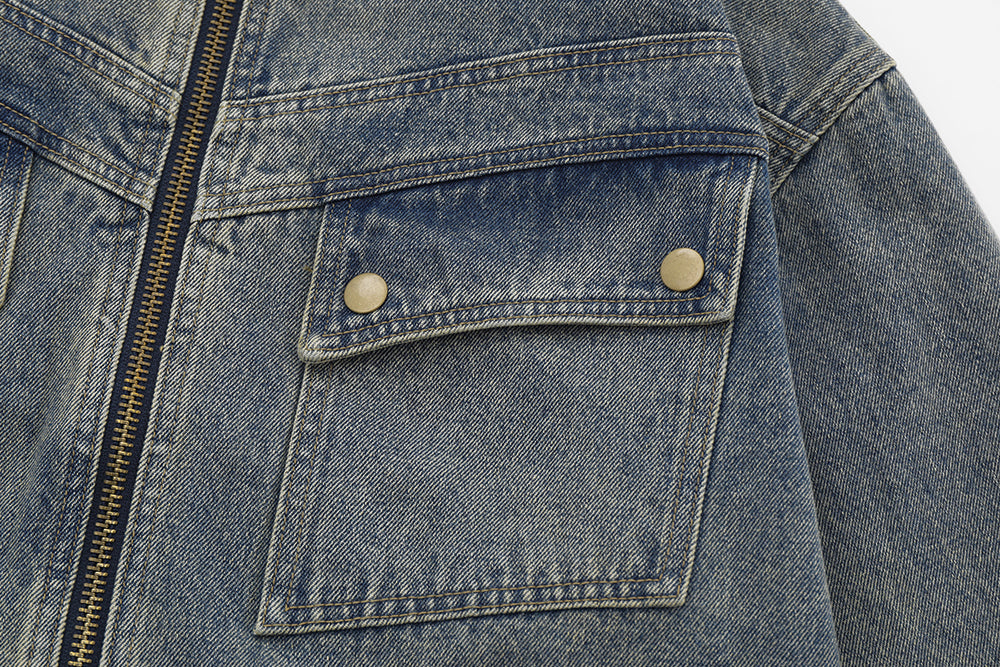 Retro Workwear Pocket Zipper Denim Clothes Jacket Spring And Autumn
