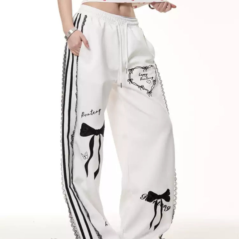 Vintage Bow Lace Casual Pants Summer Elastic Waist