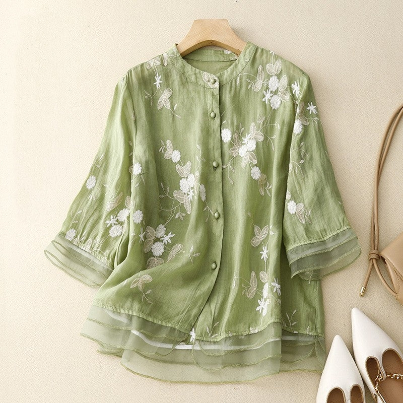 Artistic Retro Heavy Industry Embroidered Cotton And Linen Top