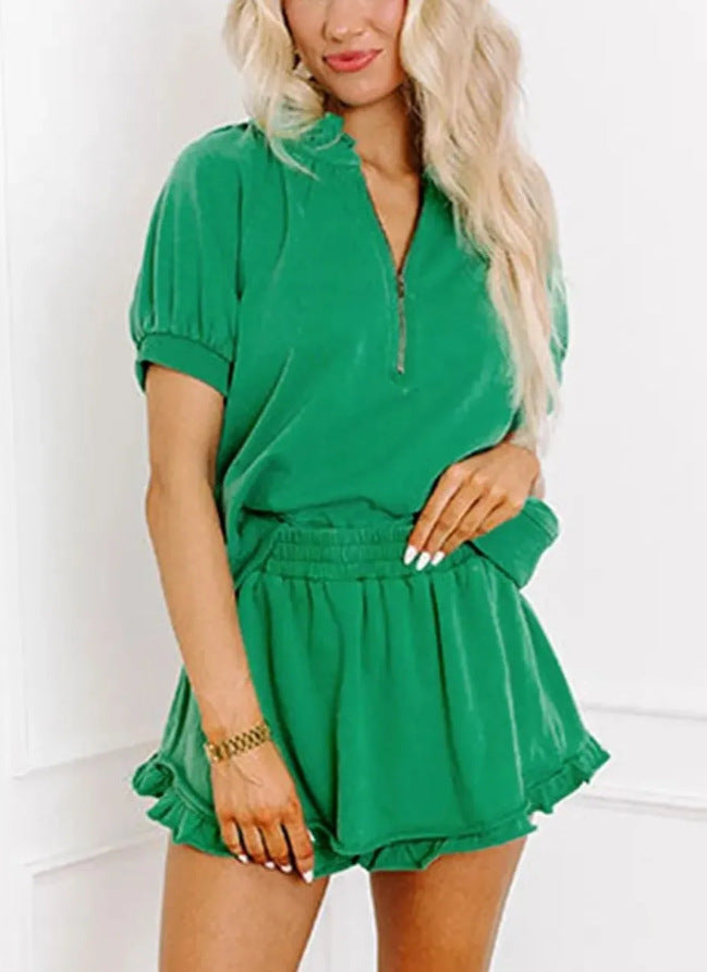 Womens Casual Zippered Fashion Solid-Color Short-Sleeve Two-Piece Set