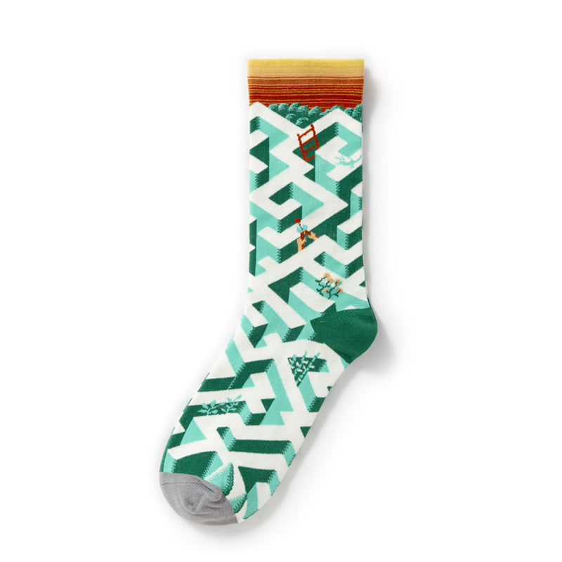 Retro Trendy Autumn And Winter Abstract Art Socks Europe And America Creative Combed Cotton