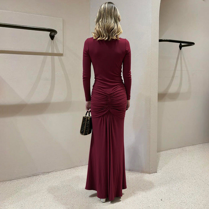 Solid-color Elegant Deep-V Waist-cinched Sexy Long-sleeve Dress With Fluttering Ribbons For Women
