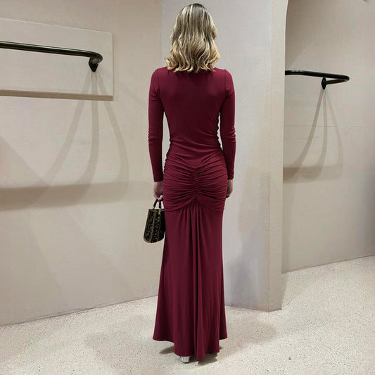 Solid-color Elegant Deep-V Waist-cinched Sexy Long-sleeve Dress With Fluttering Ribbons For Women