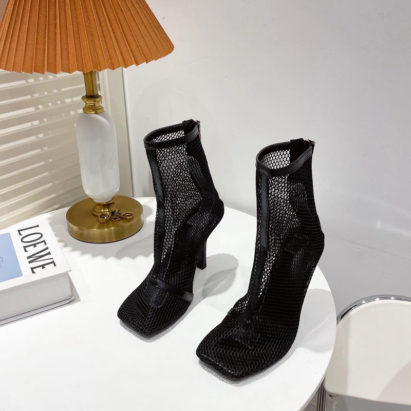 Roman Mesh Stiletto Square-toe High-heeled Shoes