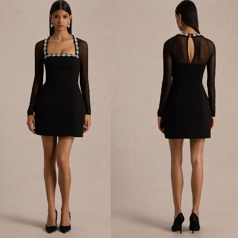 Womens Sexy Mesh Patchwork Rhinestone Dress