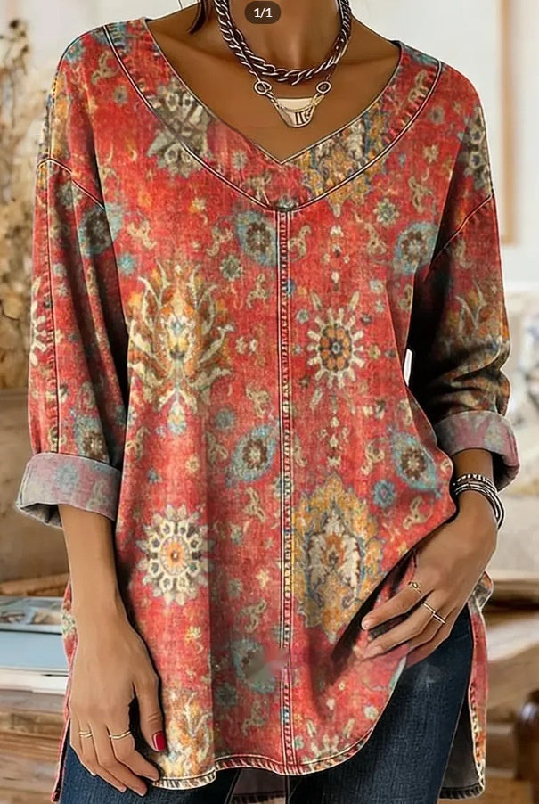 Retro Botanical Print Relaxed-fit Long-sleeve Casual Top