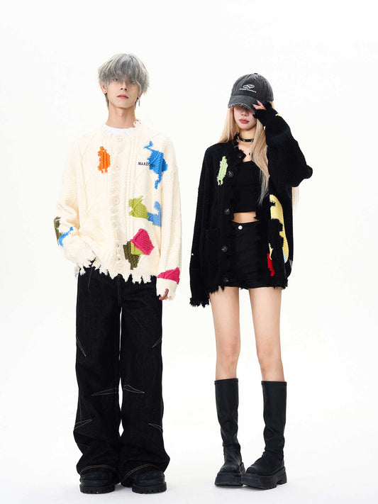 Damaged Contrast Color Cardigan Sweater Men's And Women's Coats
