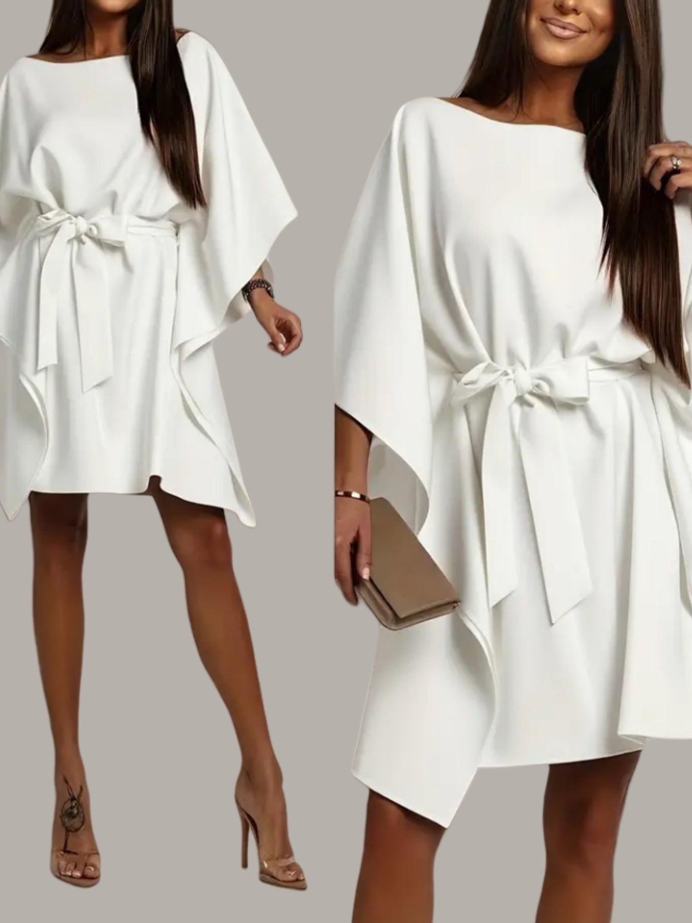 New Womens Loose Casual Dress In White With Batwing Sleeves And A Tie Waist