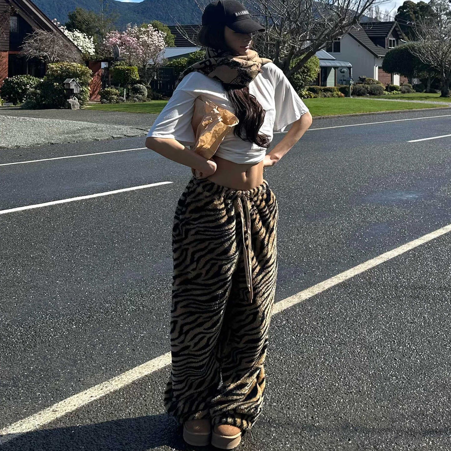 French Retro Flannel Tiger-Print Pajama Pants