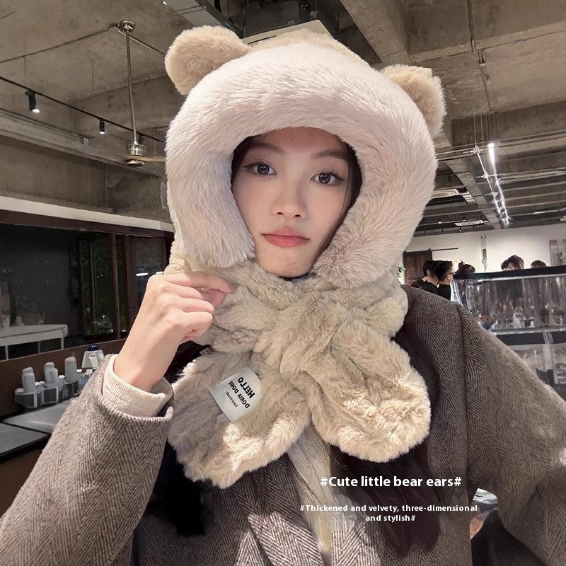 Hat Scarf One Female Student Cute Warm Winter Plush Pullover Ear Protection