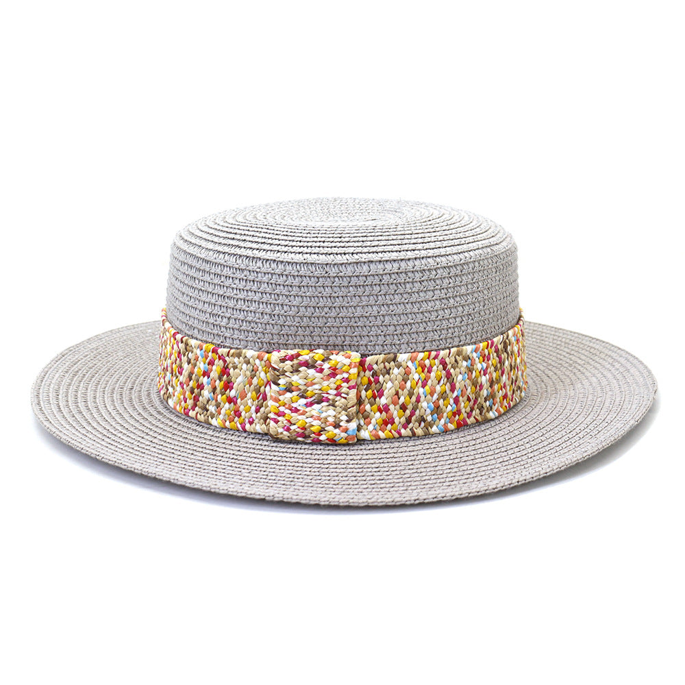 Color Flat Top Straw Hat Outdoor Travel Sunscreen