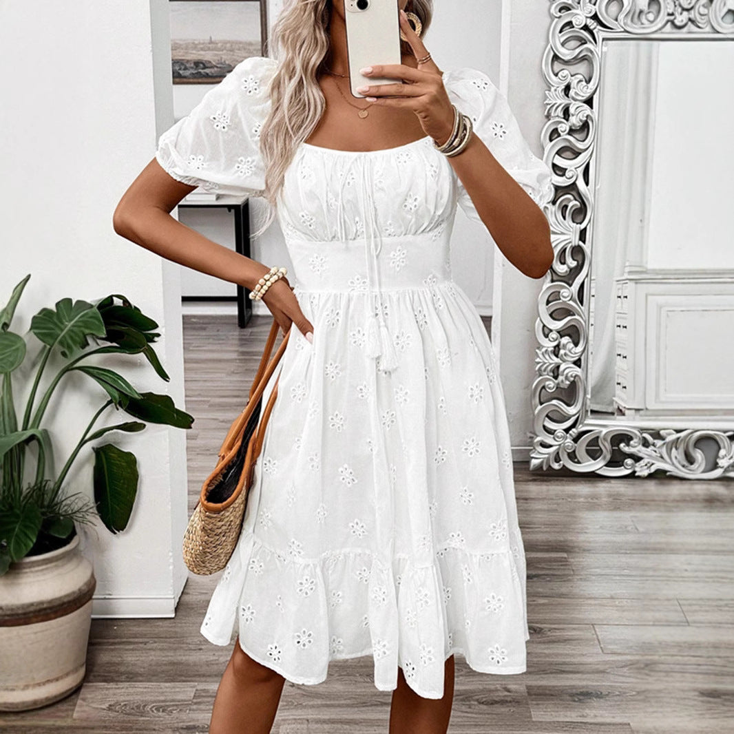 Solid-color Square-neck Short-sleeve Dress