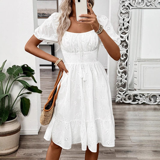 Solid-color Square-neck Short-sleeve Dress