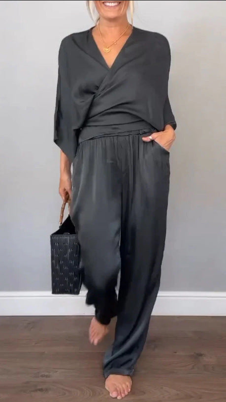 Womens Solid Color Satin Short Sleeve Top And Pants Set For Women
