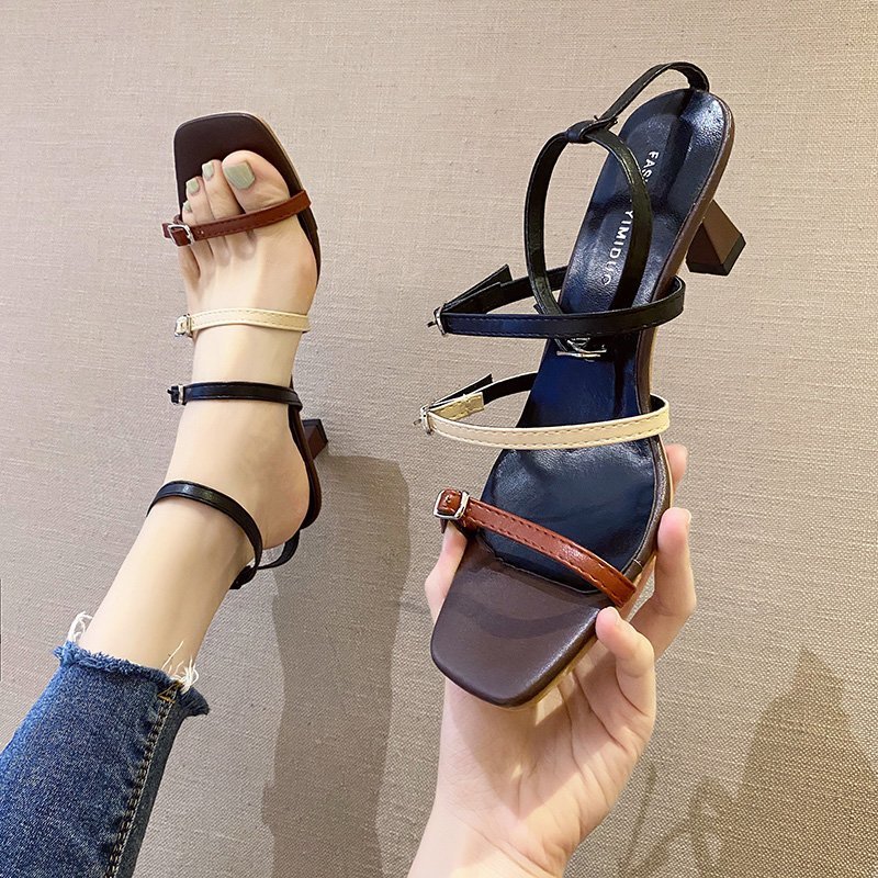 Fashion Retro Word Belt Summer Thick Heel Women Sandals