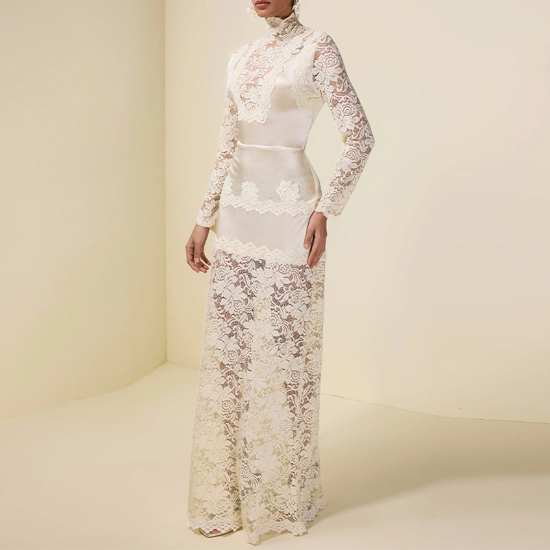 High-neck Lace-panelled Long-sleeve Waist-cinching Sheath Dress