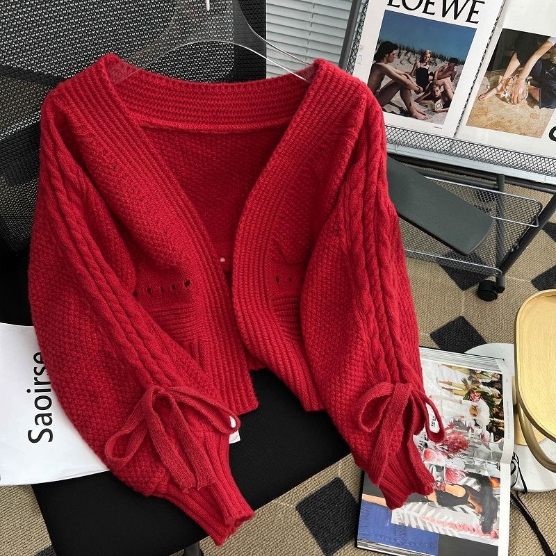 Western Style Outer Match Knitted Cardigan Loose Short Long Sleeve Top