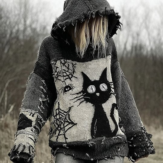 Drop-Shoulder Vintage Womens Printed Loose Hooded Top