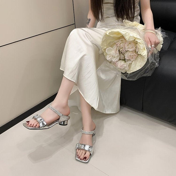 Early Spring Fairy-Inspired Crystal & Rhinestone Sandals For Women, Sheer One-Strap Mid Block Heel Design, Trendy Outdoor Fashion Shoes